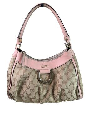 Gucci Beige GG Canvas Shoulder Bag with Pink Leather Trim